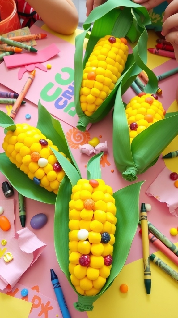 Handmade corn crafts by kids, featuring yellow corn shapes with green leaves and colorful decorations.